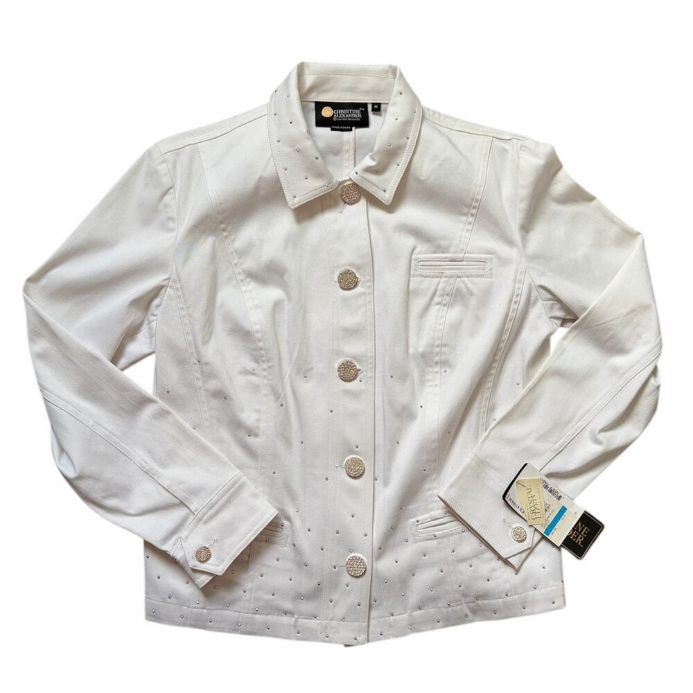 Christine Alexander White Denim Jacket Embellished Swarovski Crystal Rhinestones